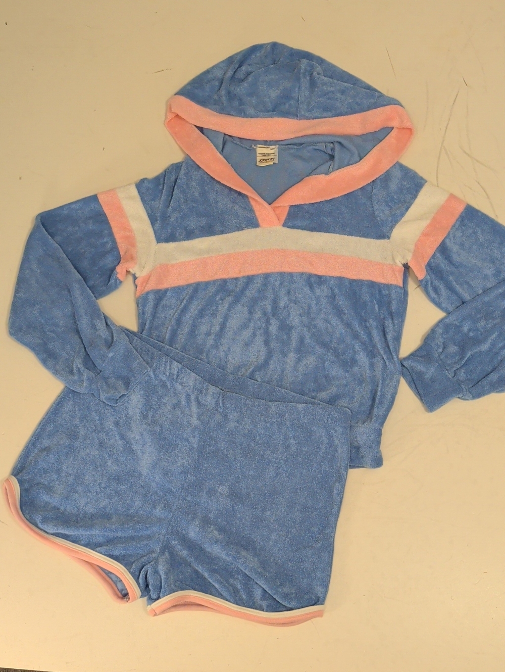 Vintage Blue Terrycloth Hoodie & Shorts Set with Pink and White Stripes